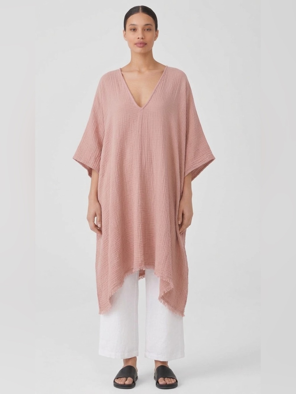 Eileen Fisher 100% Organic Cotton Gauze Caftan Dress In Peach color V Neck ,OS